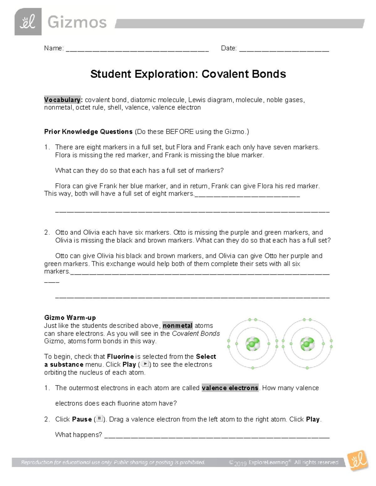 Gizmo Covalent Bond Worksheet - Name ...