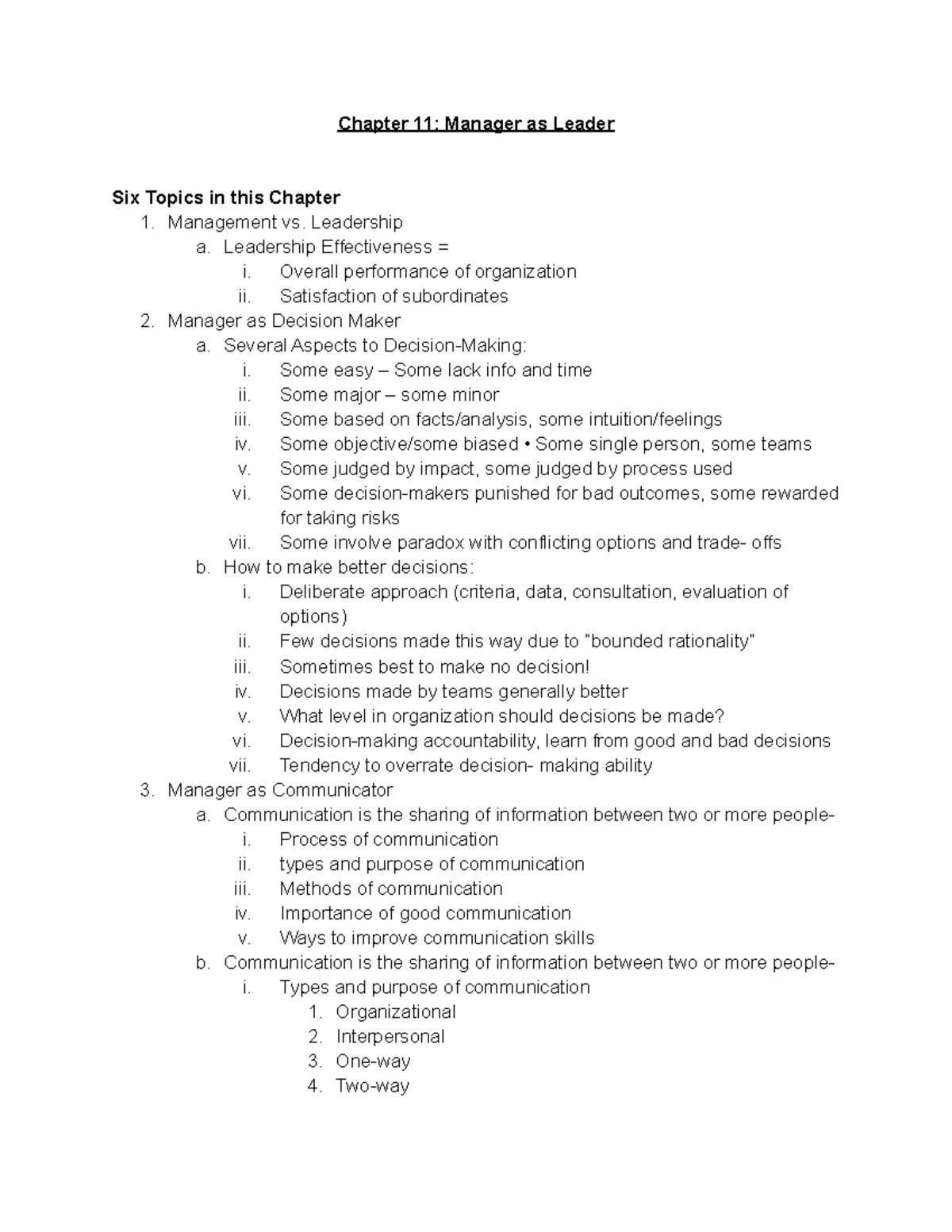 Chapter 11 Manager as Leader - Chapter 11: Manager as Leader Six Topics ...