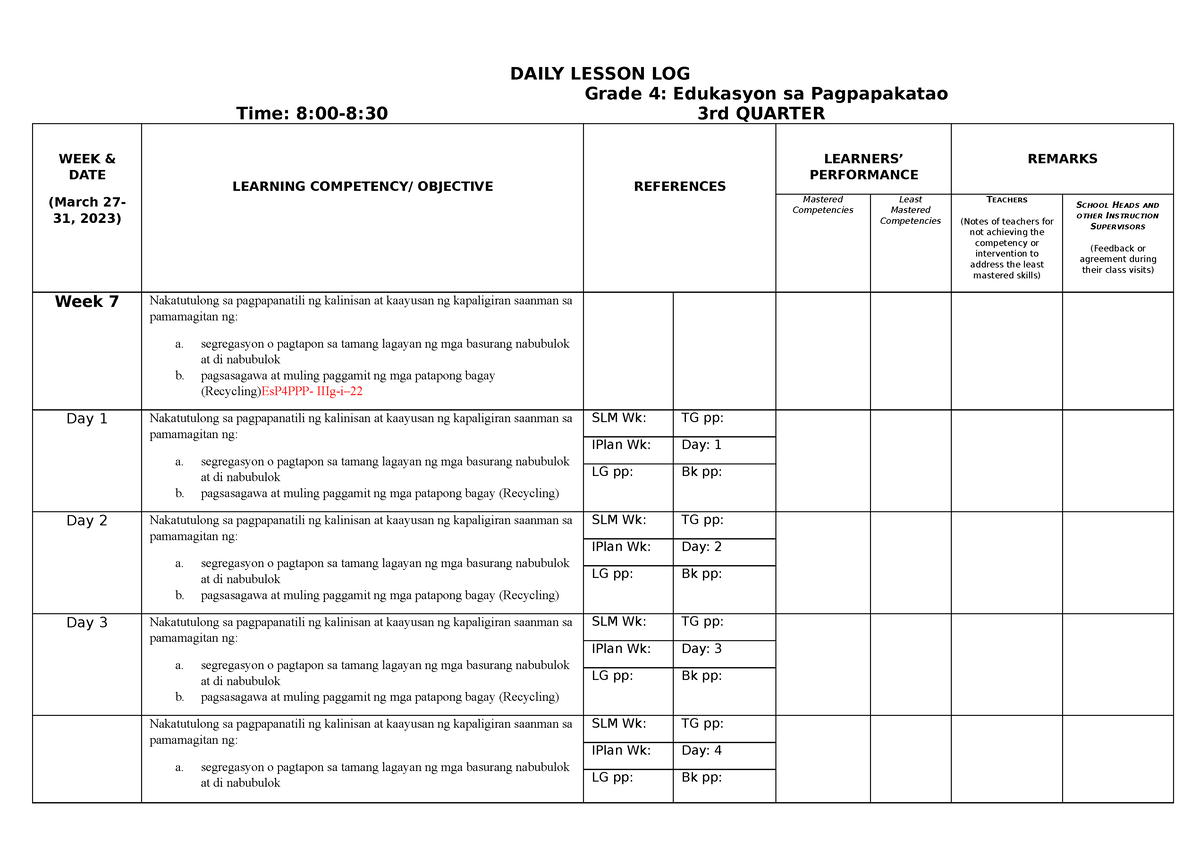 1 - STUDY - DAILY LESSON LOG Grade 4: Edukasyon Sa Pagpapakatao Time: 8 ...