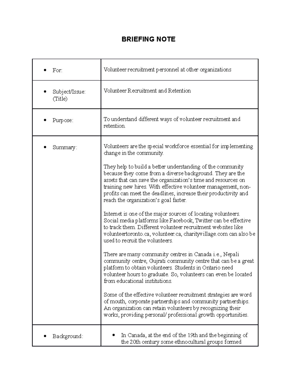 Briefing NOTE (Volunteer recruitment and retention) - BRIEFING NOTE For ...