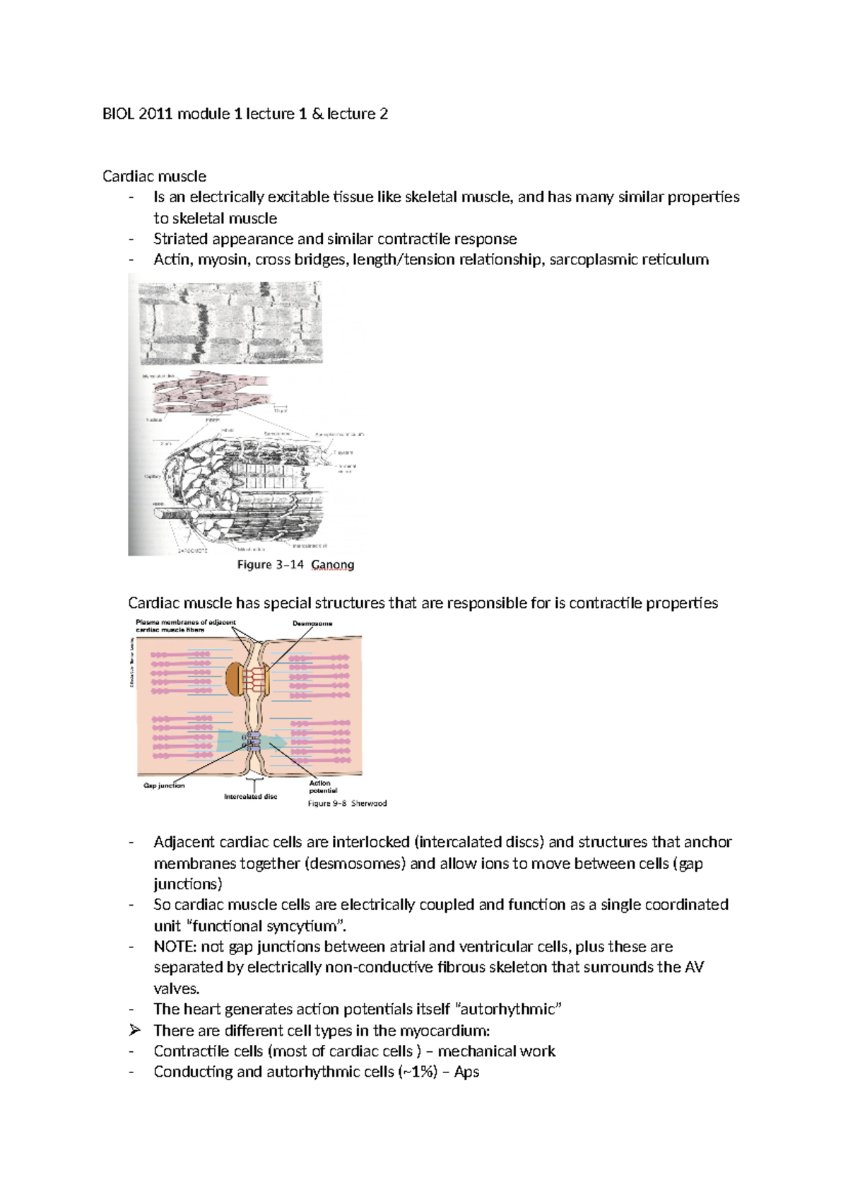 BIOL 2011 module 1 - BIOL 2011 module 1 lecture 1 & lecture 2 Cardiac ...