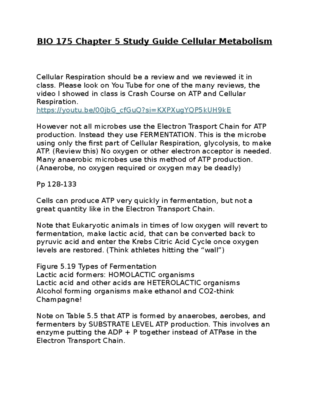 BIO 175 Chapter 5 Study Guide - BIO 175 Chapter 5 Study Guide Cellular ...