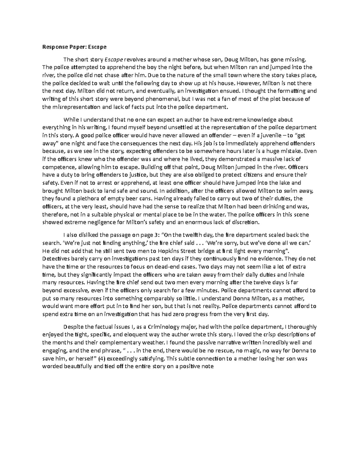 Response Paper Escape Response Paper Escape The short story Escape