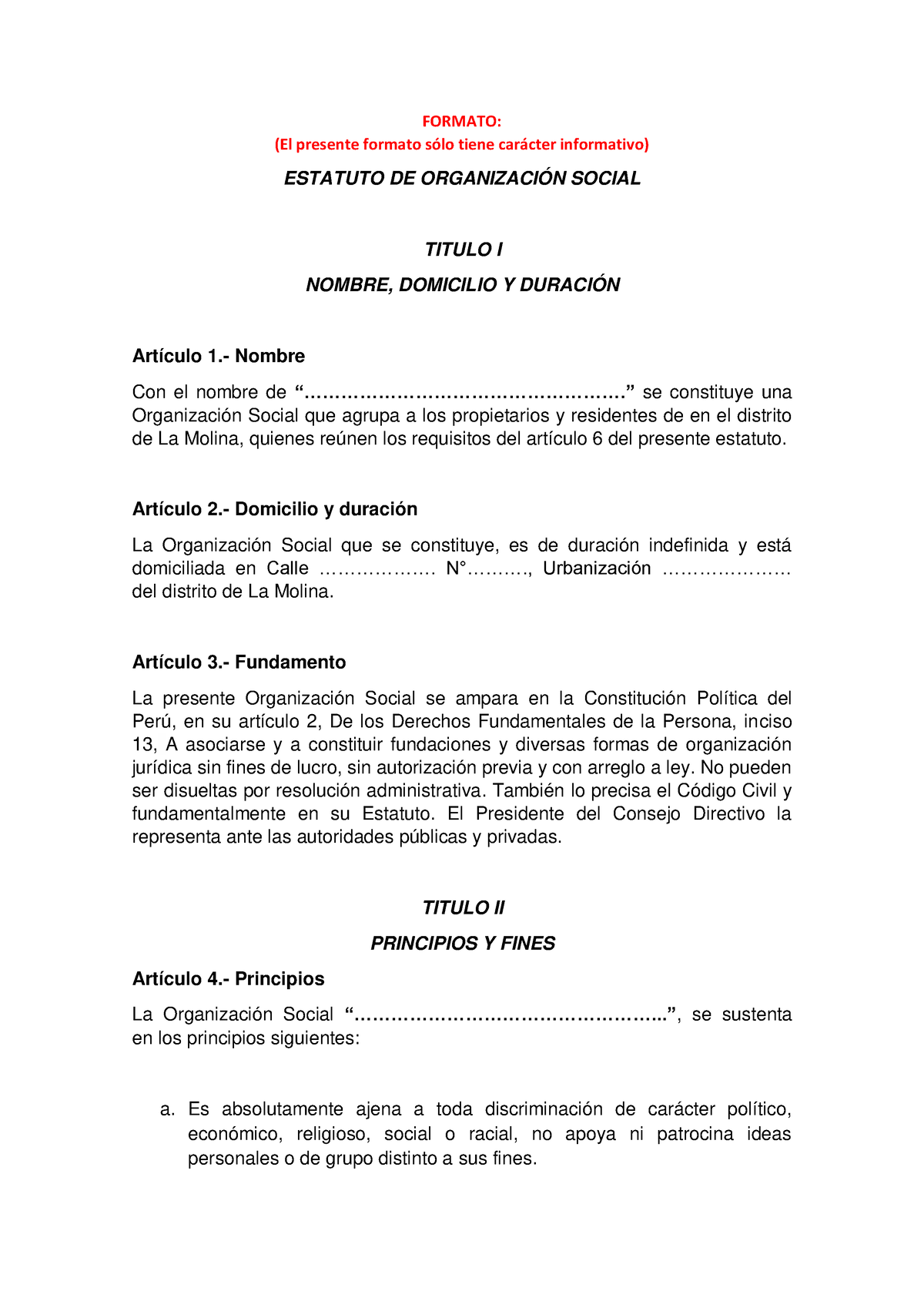 L Estatuto Social Y Su Acta De Aprobación Formato El Presente