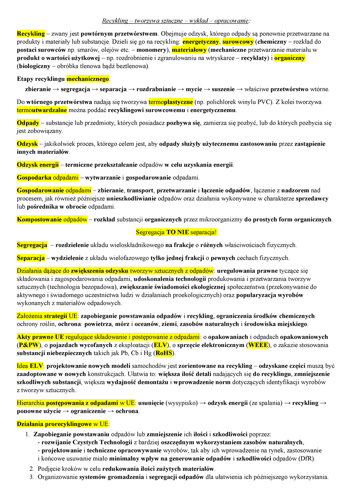 Recykling - Tworzywa Sztuczne - Opracowanie - Wykład - Recykling ...