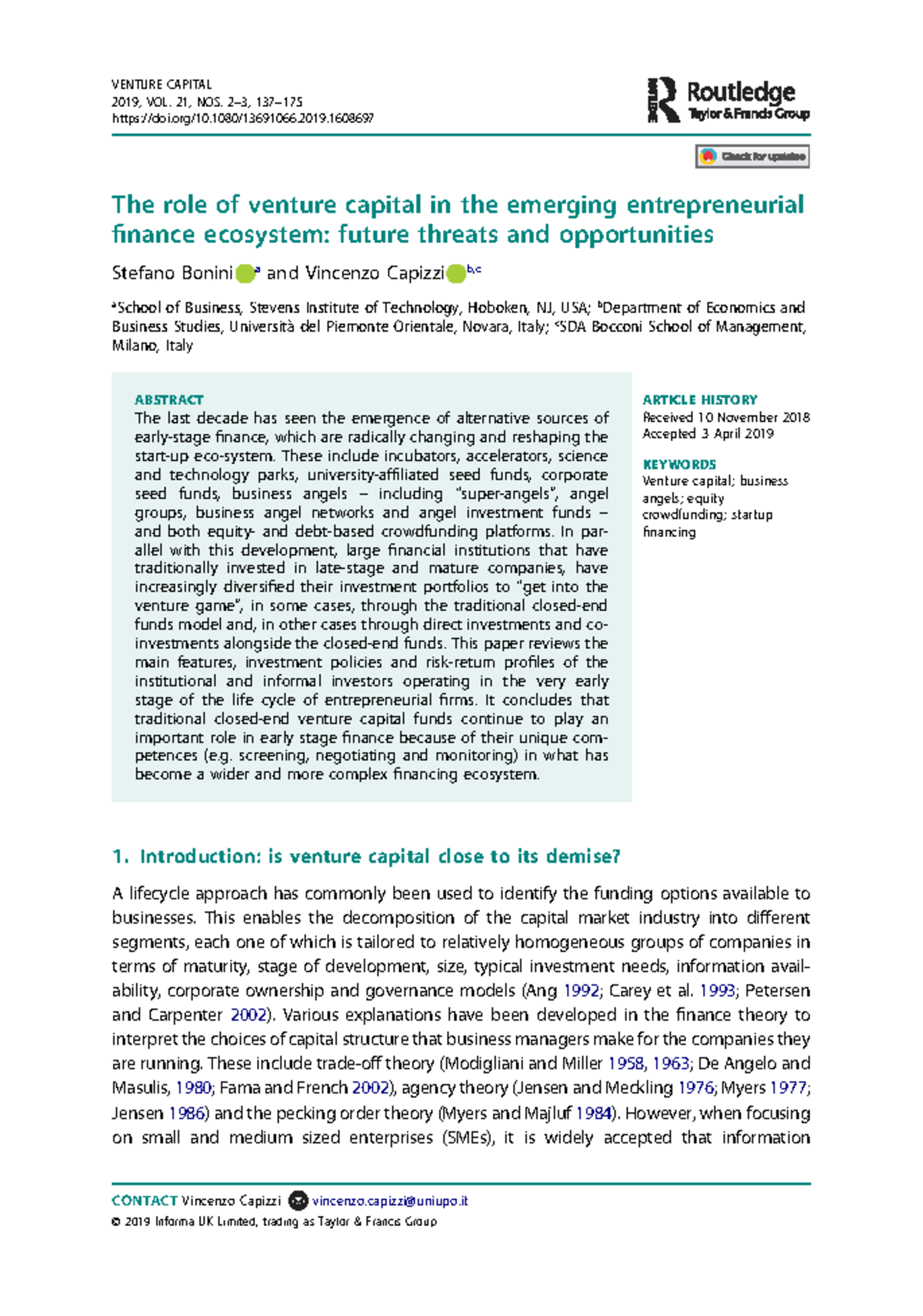 The role of venture capital in the emerging entrepreneurial Lectura ...