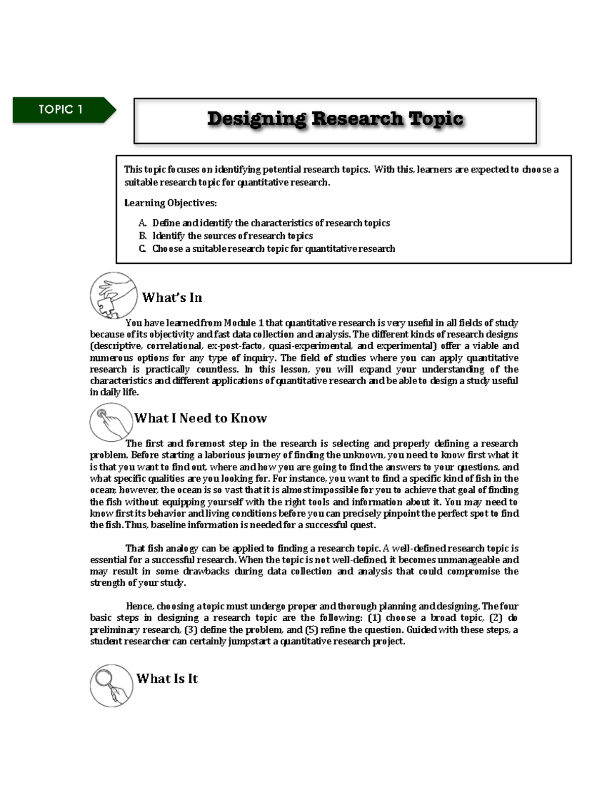 Designing Research Topic & Research Title - What’s In You have learned 