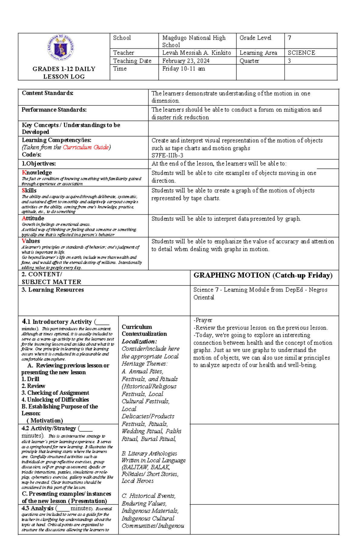 Science 7Q3W3 - Feb 23, 2024 - GRADES 1-12 DAILY LESSON LOG School ...