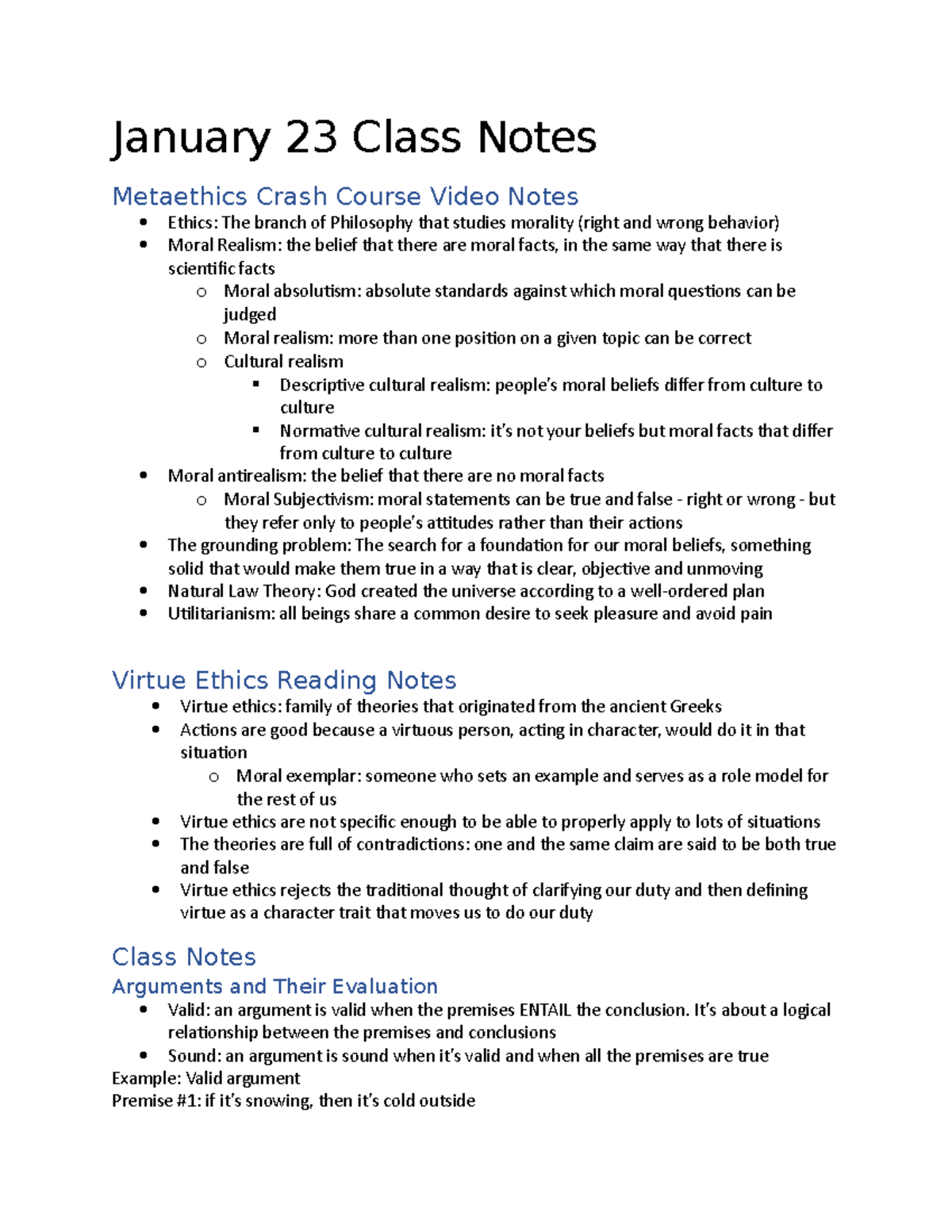 Metaethics and Virtue Ethics January 23 Class Notes Metaethics Crash