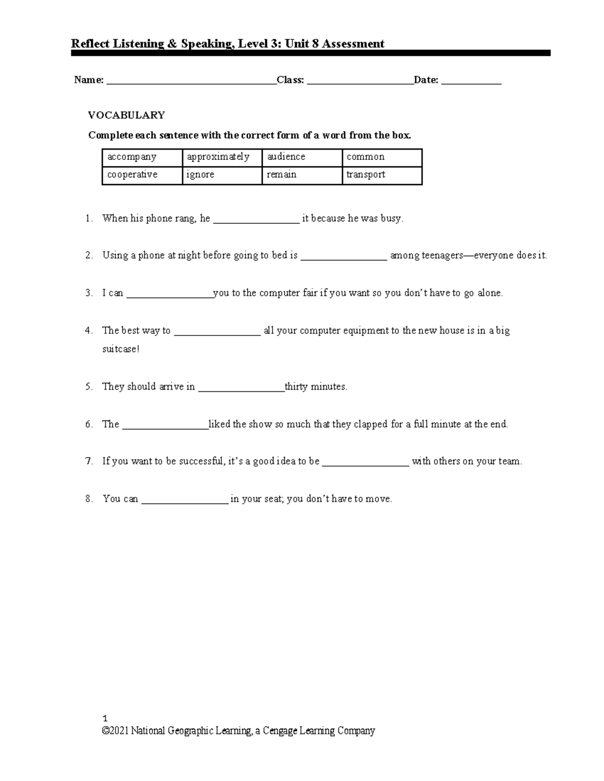 Reflect 3 U8 Test - Reflect Listening & Speaking, Level 3: Unit 8 