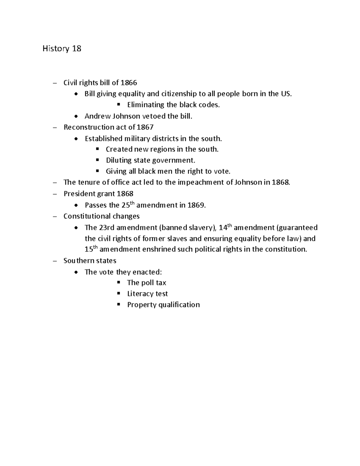 History18 notes ch. 15 pt. 2 - History 18 − Civil rights bill of 1866 ...