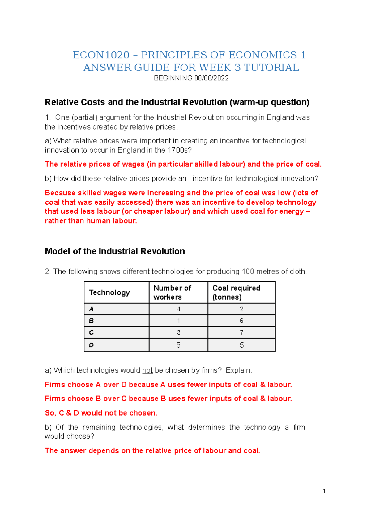 ECON1020 S2 2022 Week 3 Tutorial - Answer Guide - ECON1020 – PRINCIPLES ...