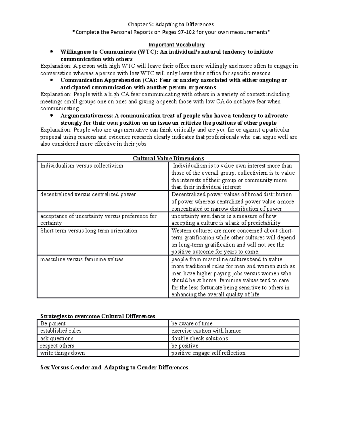Chapter 5 Summary - Chapter 5: Adapting to Differences Complete the ...