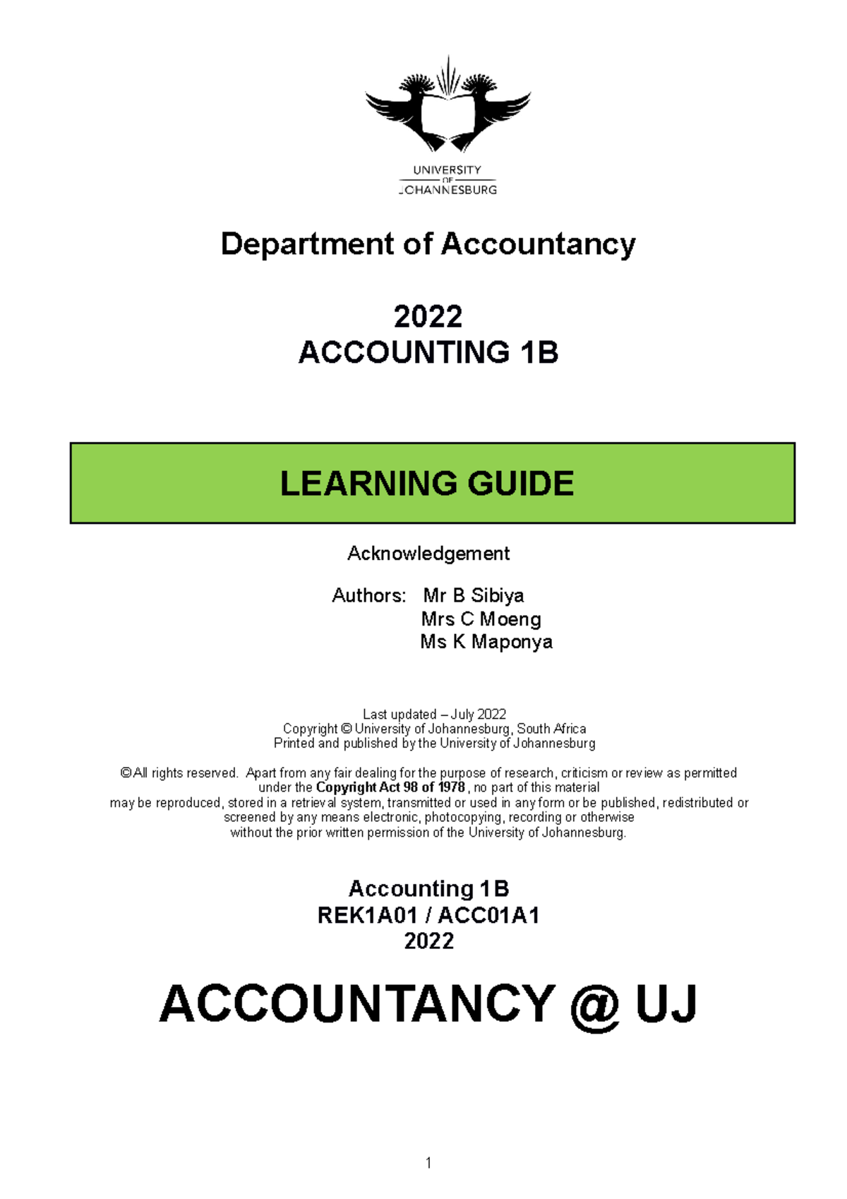 Learning Guide - Accounting 1B 2022 - Department Of Accountancy 2022 ...