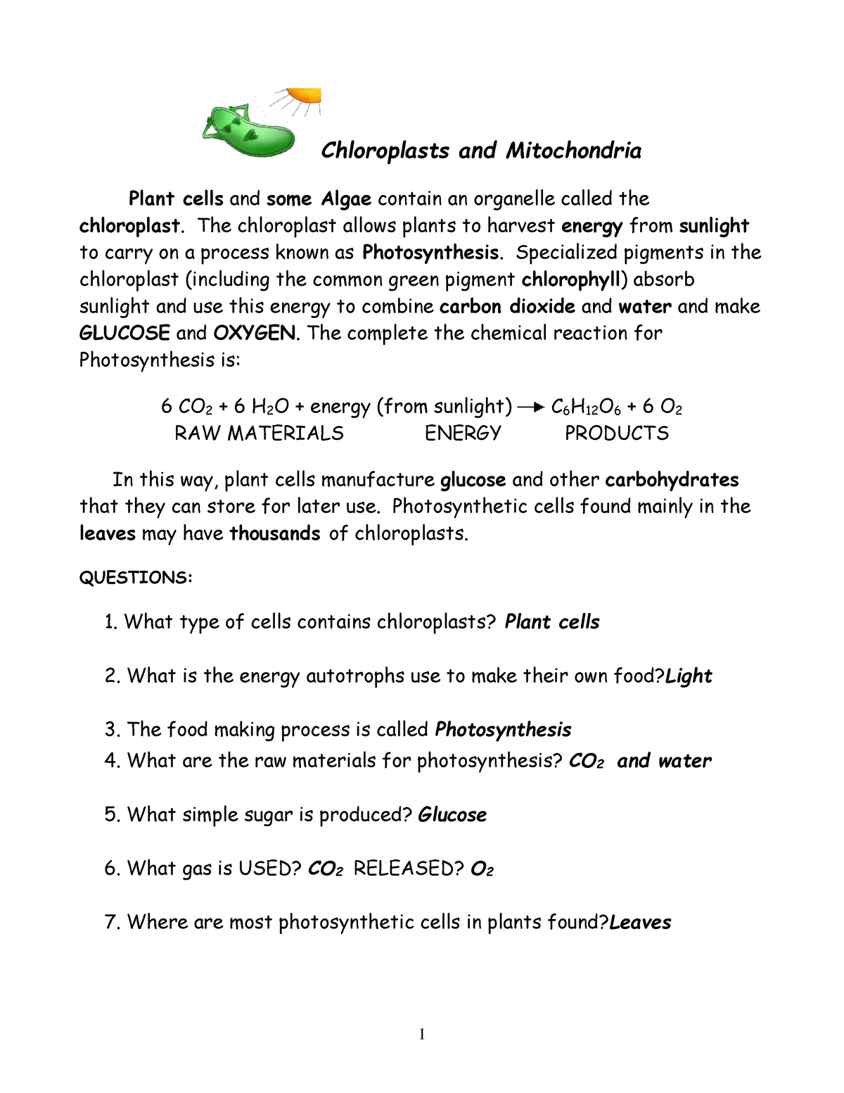 Chloroplasts and mitochondria answers 4 - Chloroplasts and Mitochondria ...