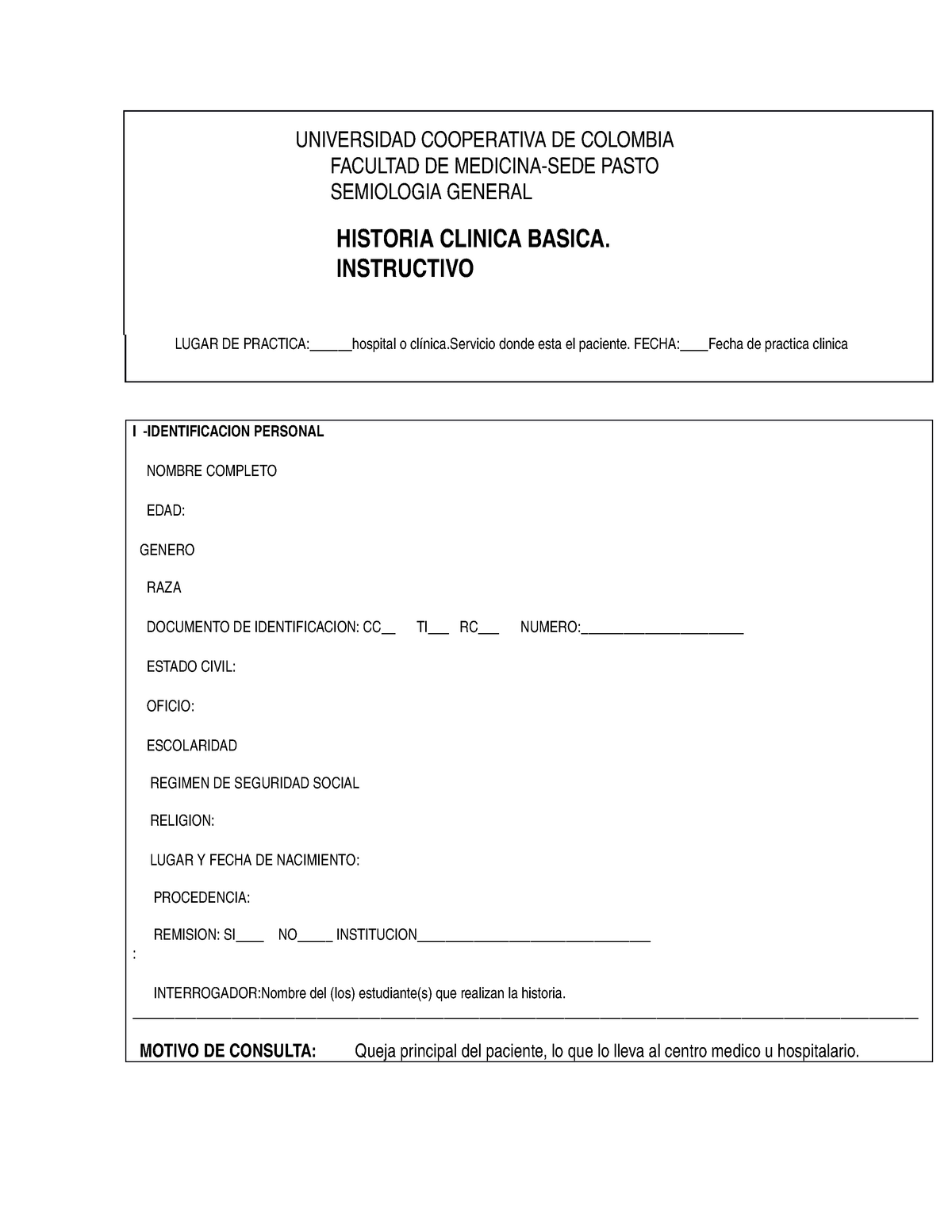 Historia Clinica Formato Con Instructivo Universidad Cooperativa De Colombia Universidad 2338