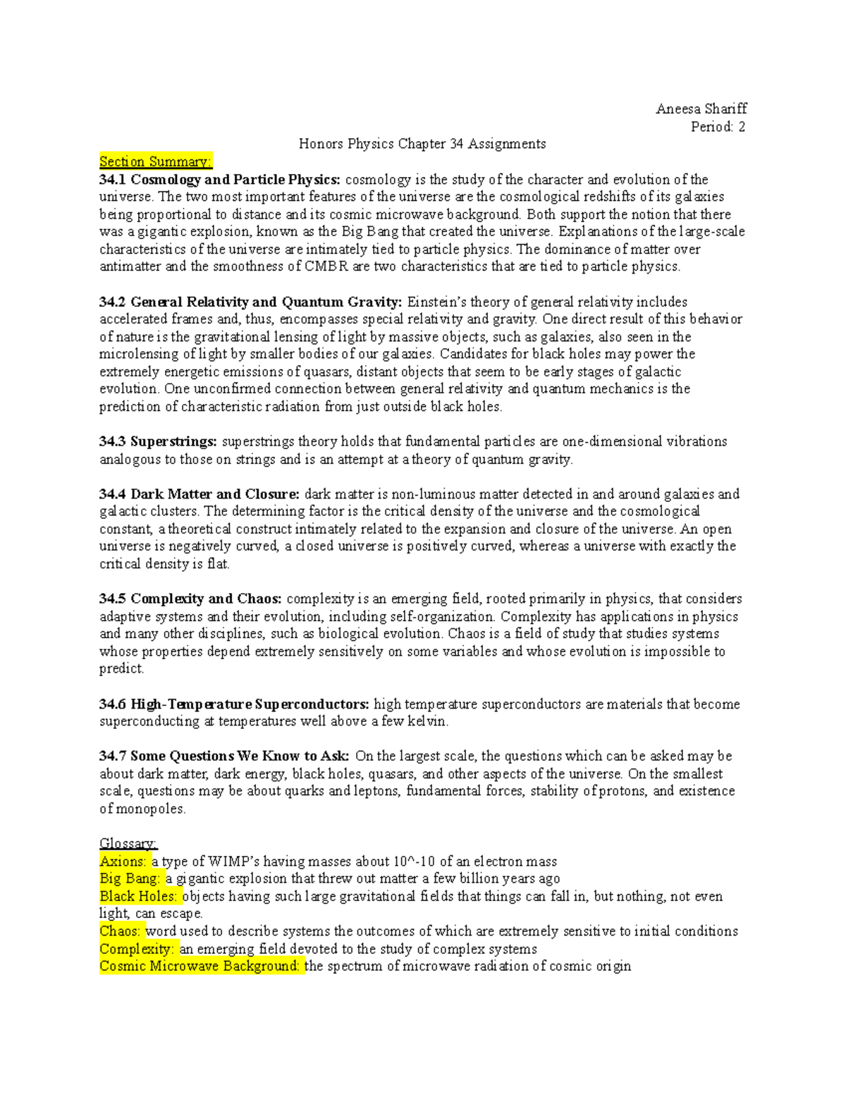 Physics Chapter 34 Assignments - Aneesa Shariff Period: 2 Honors ...