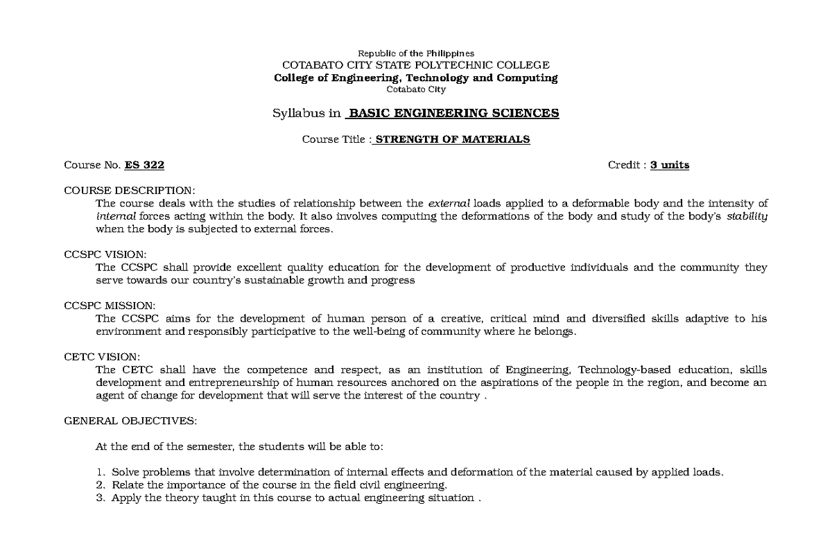 Syllabus-ES322 - Republic of the Philippines COTABATO CITY STATE ...