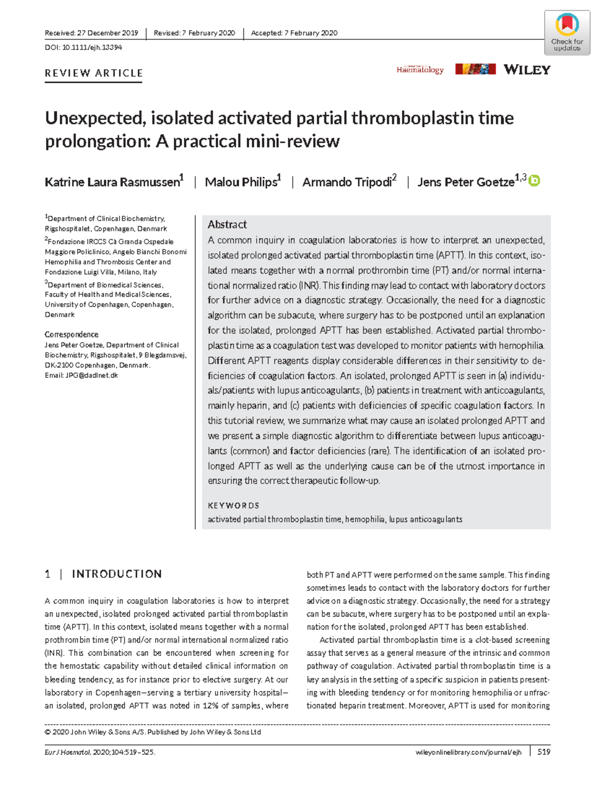TTP prolongado paper - Eur J Haematol. 2020;104:519–525 ...