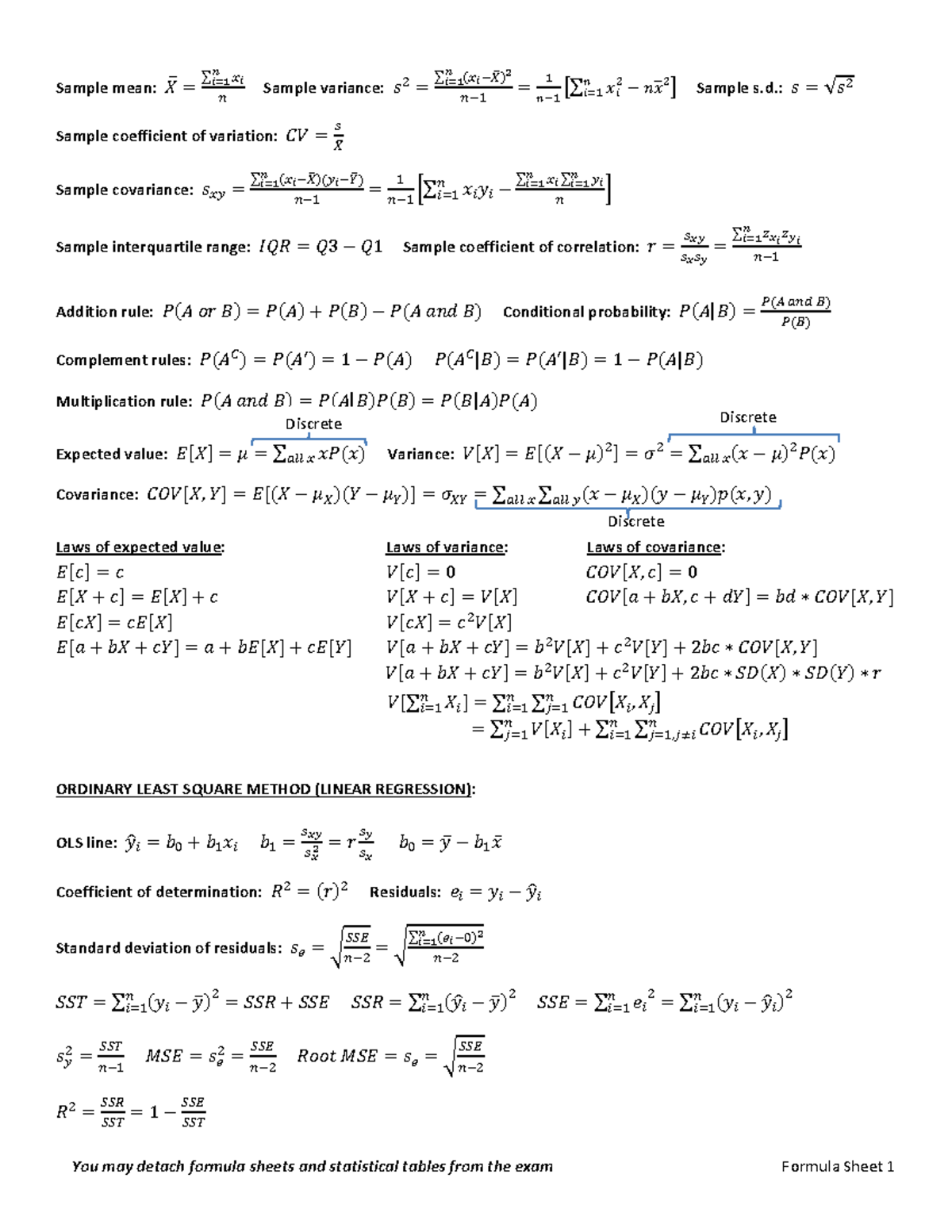 Formula Sheet Stats 2 - You may detach formula sheets and statistical ...