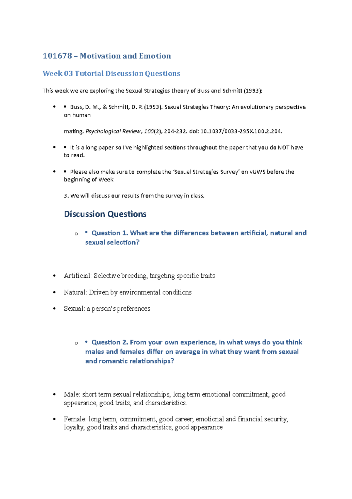 Discussion questions for week 3 - 101678 – Motivation and Emotion Week ...