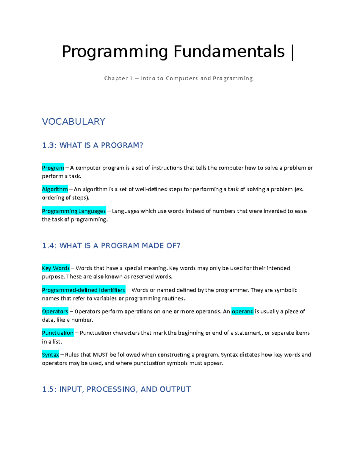 COSC 1436 - Chapter One Notes - Programming Fundamentals | Chapter 1 ...