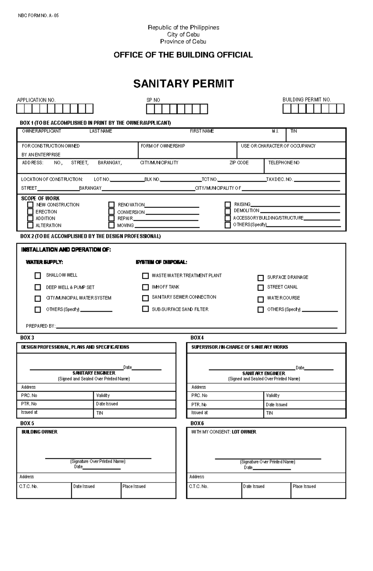 SanitaryPermitword NBC FORM NO. A 05 Republic of the