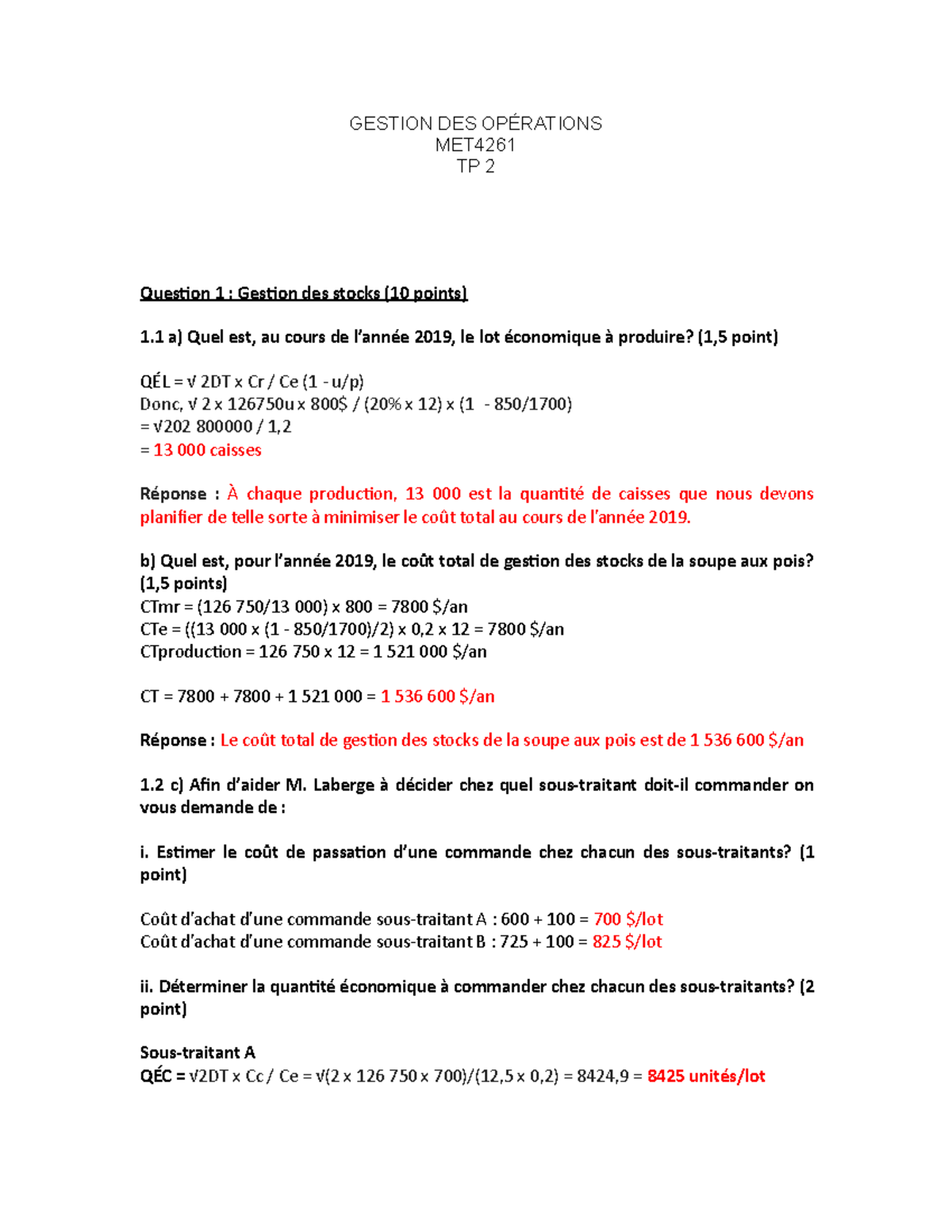 Tp2 - GOP - TP 2 - GOP - GESTION DES OPÉRATIONS MET TP 2 Question 1 ...