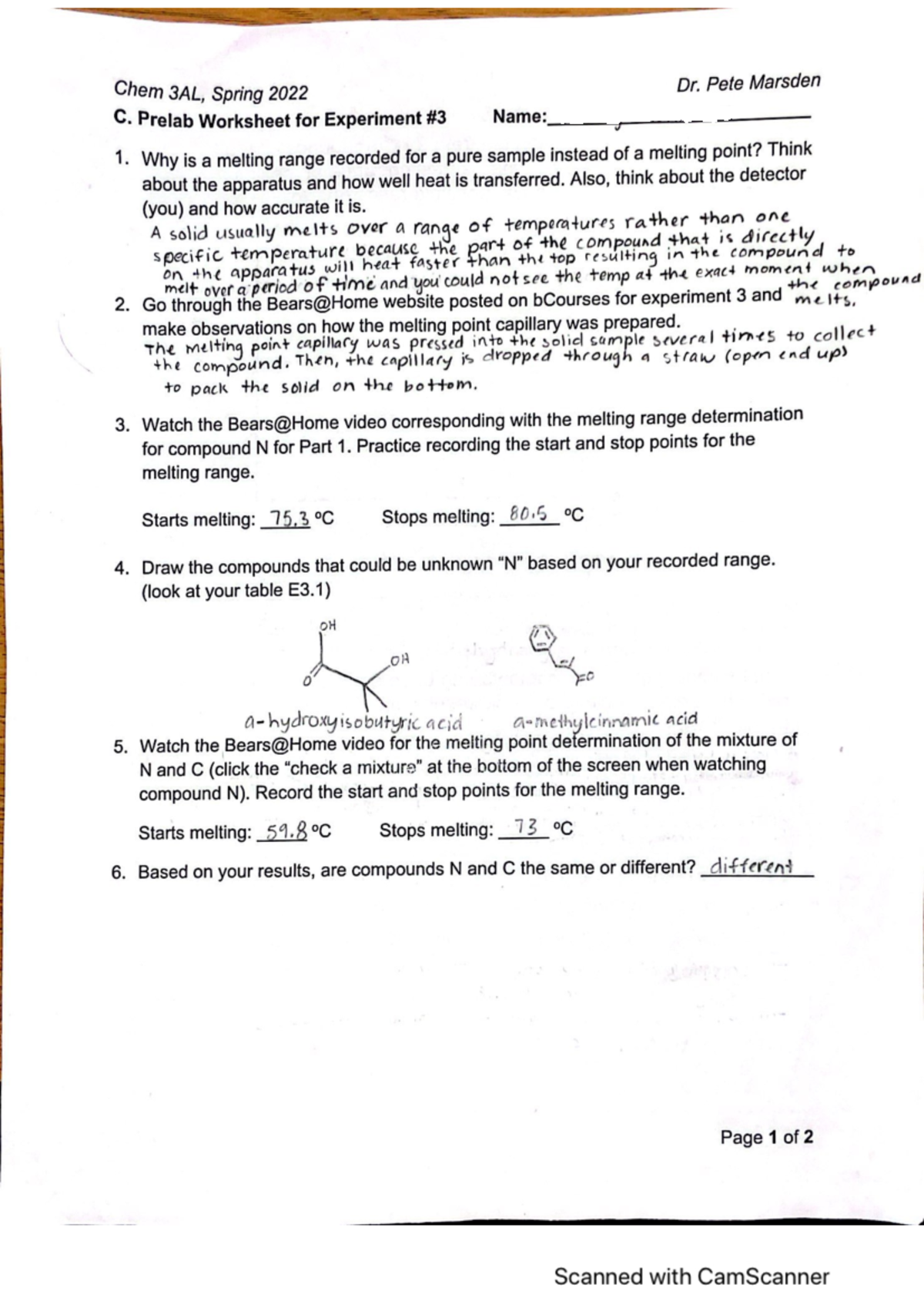 Experiment #3 Prelab Worksheet - Chem 3AL, Spring 2022 Dr. Pete Marsden ...