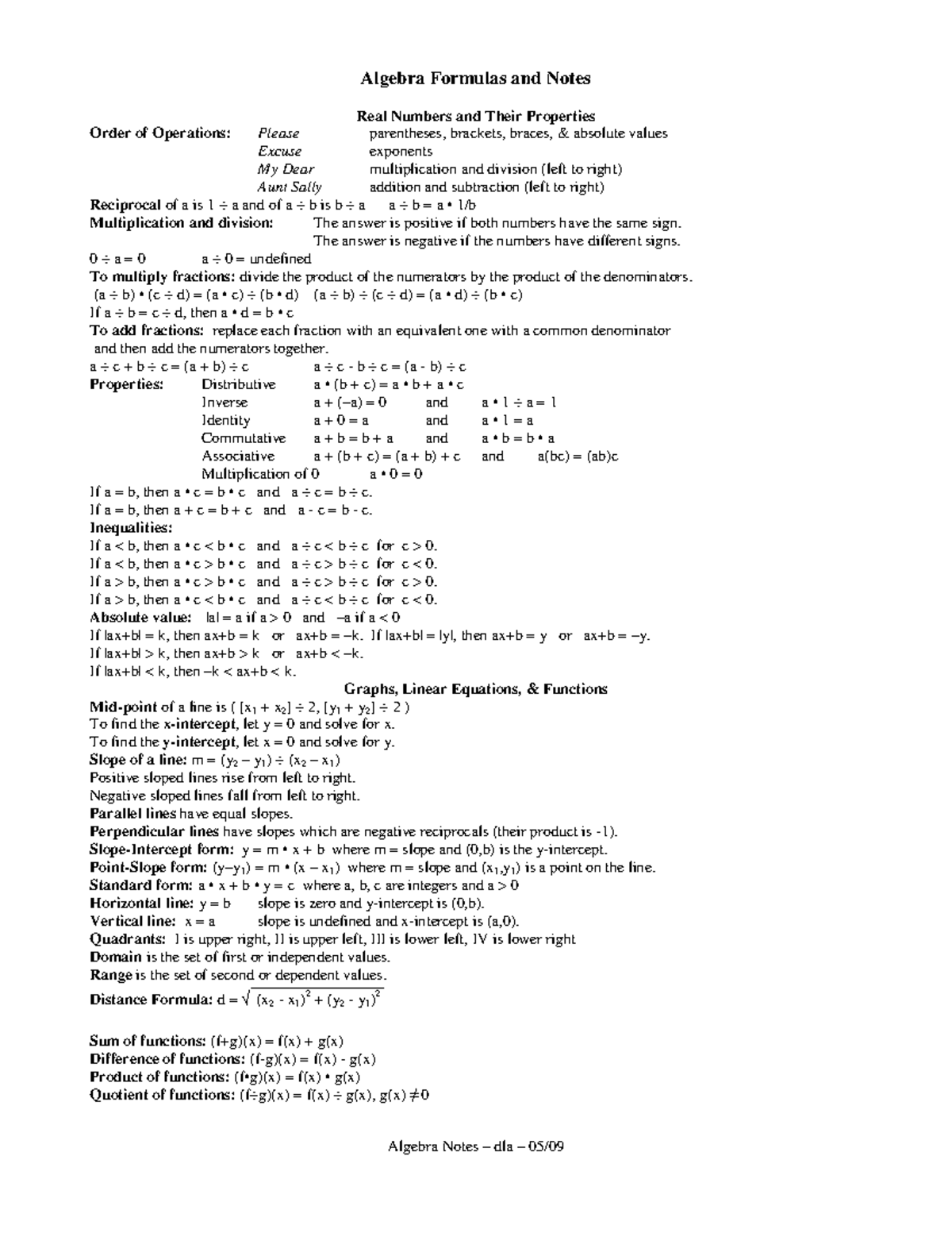 Algebra Formulas and Notes - Algebra Notes – dla – 05/ Algebra Formulas ...