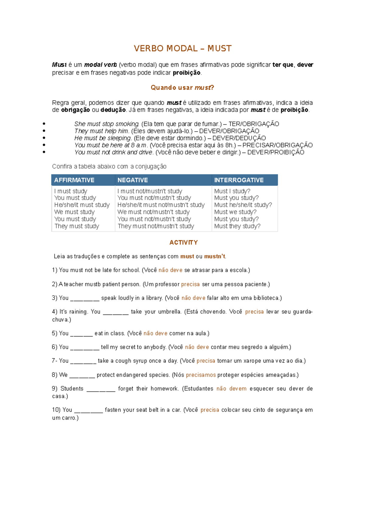 Modal - must - ver os exemplos e responder as questões - VERBO MODAL ...