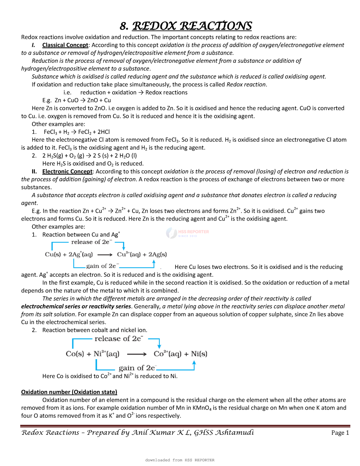 Plusone Chemistry 8- Redox Reactions-1 - Redox Reactions – Prepared By 