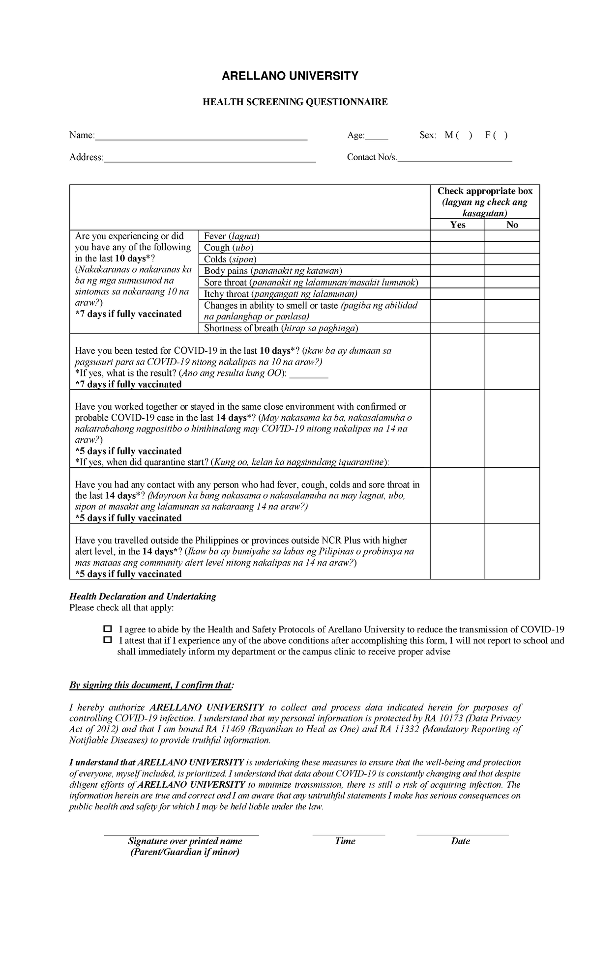 Health Symptoms Questionnaire For F2f - Arellano University Health 