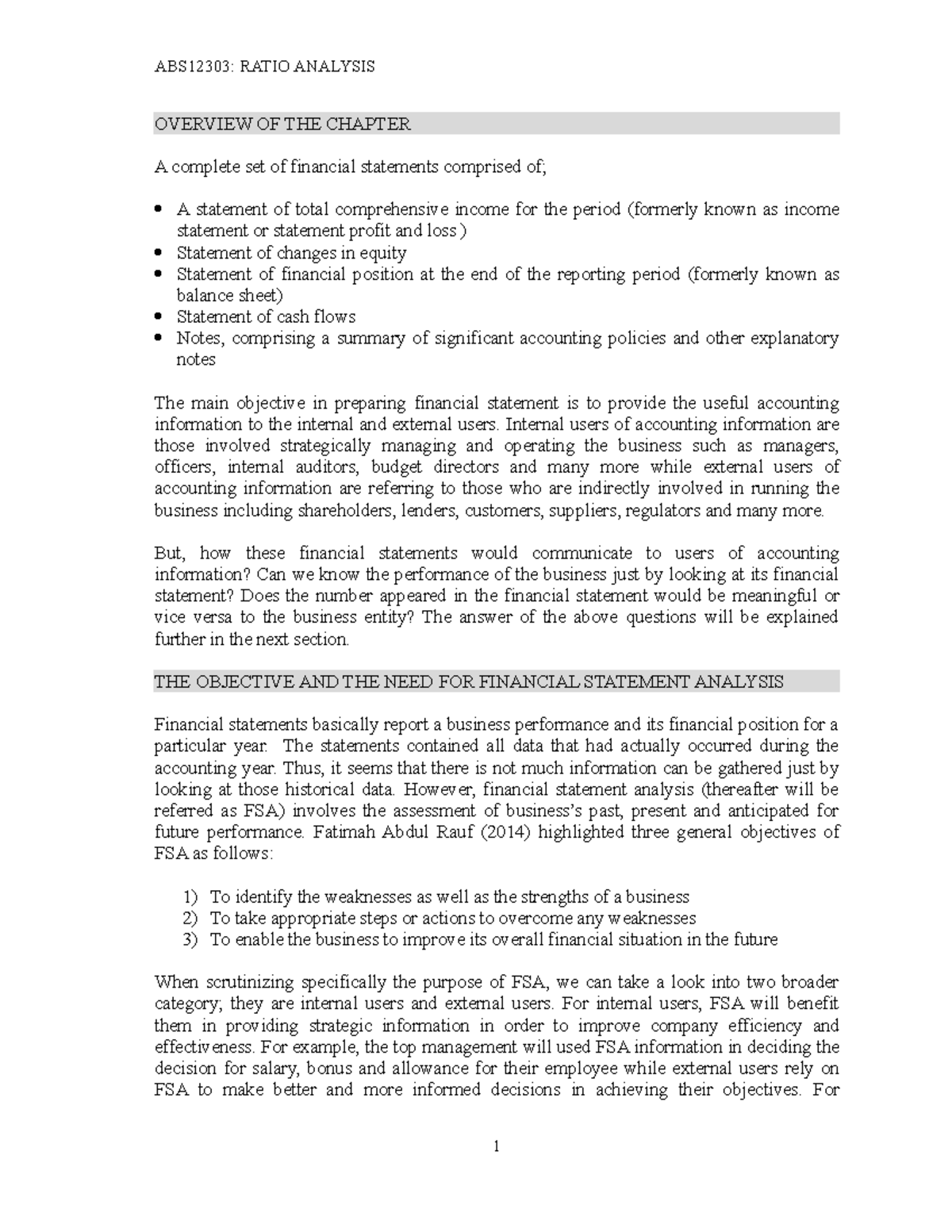 Ratio Analysis Account OVERVIEW OF THE CHAPTER A complete set of