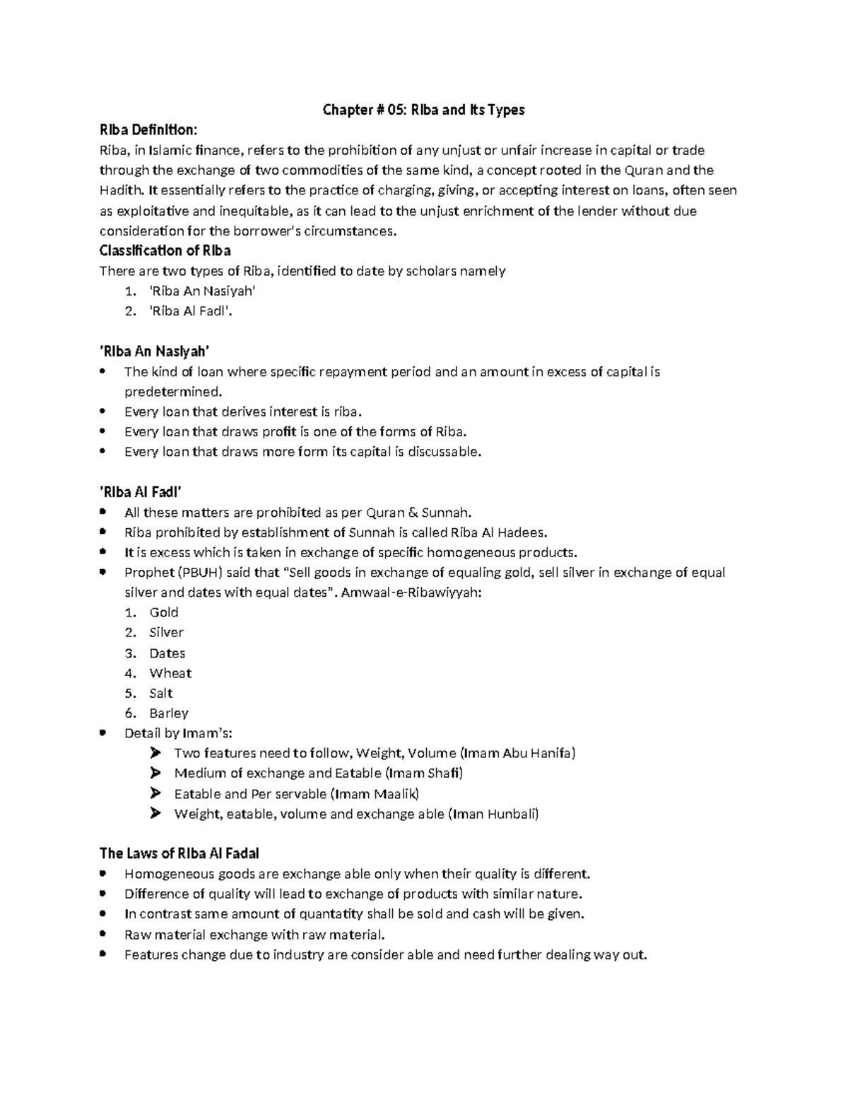 Chapter 4 - Assignment - Chapter # 05: Riba and its Types Riba ...