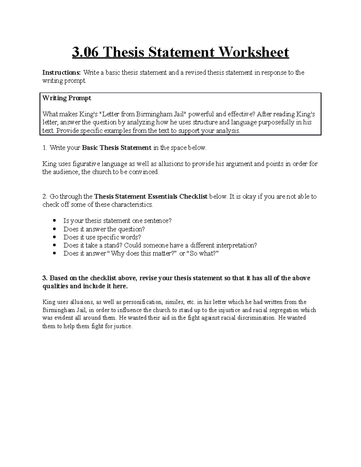 English I (3.06) - Assignment - 3 Thesis Statement Worksheet ...