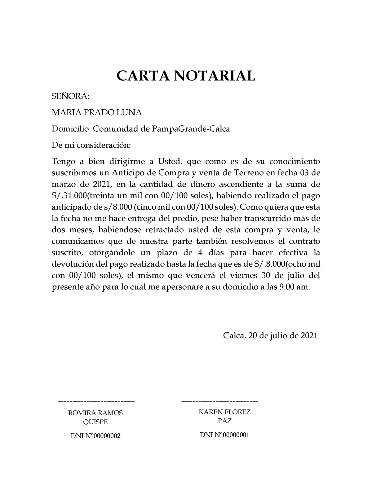 Carta Notarial para resolución de contrato de compra y venta de terreno por  incumplimiento y - Studocu