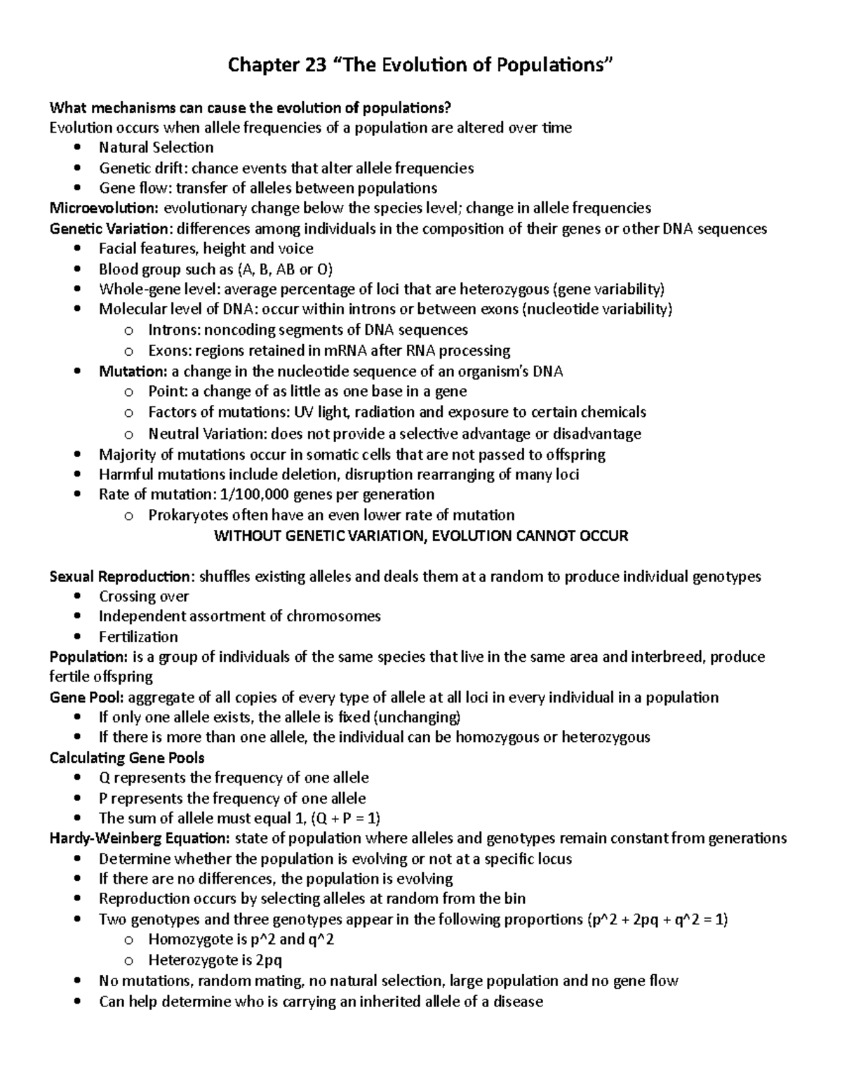 Chapter 23 Biology - Chapter 23 “The Evolution of Populations” What ...