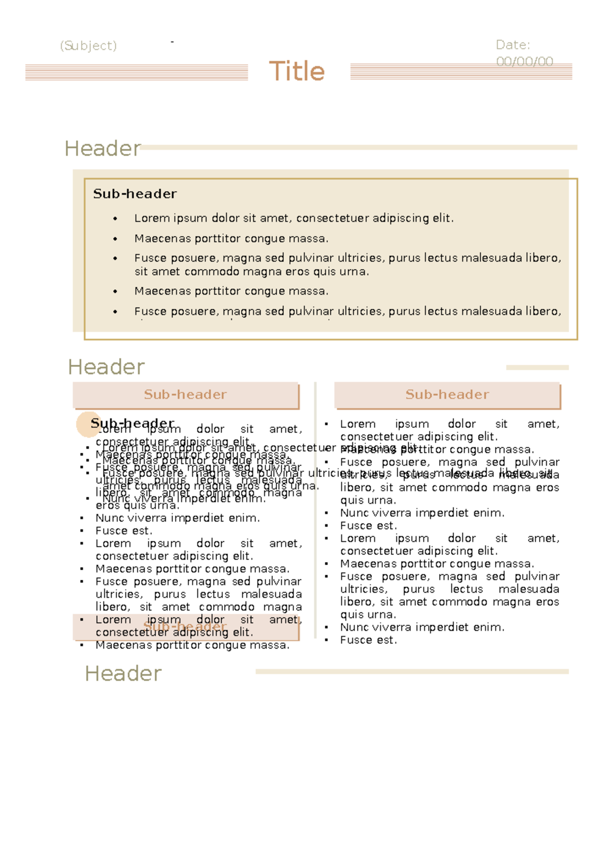 Ms Word Notes Template 1 - Title (Subject) Header Sub-header Lorem ...