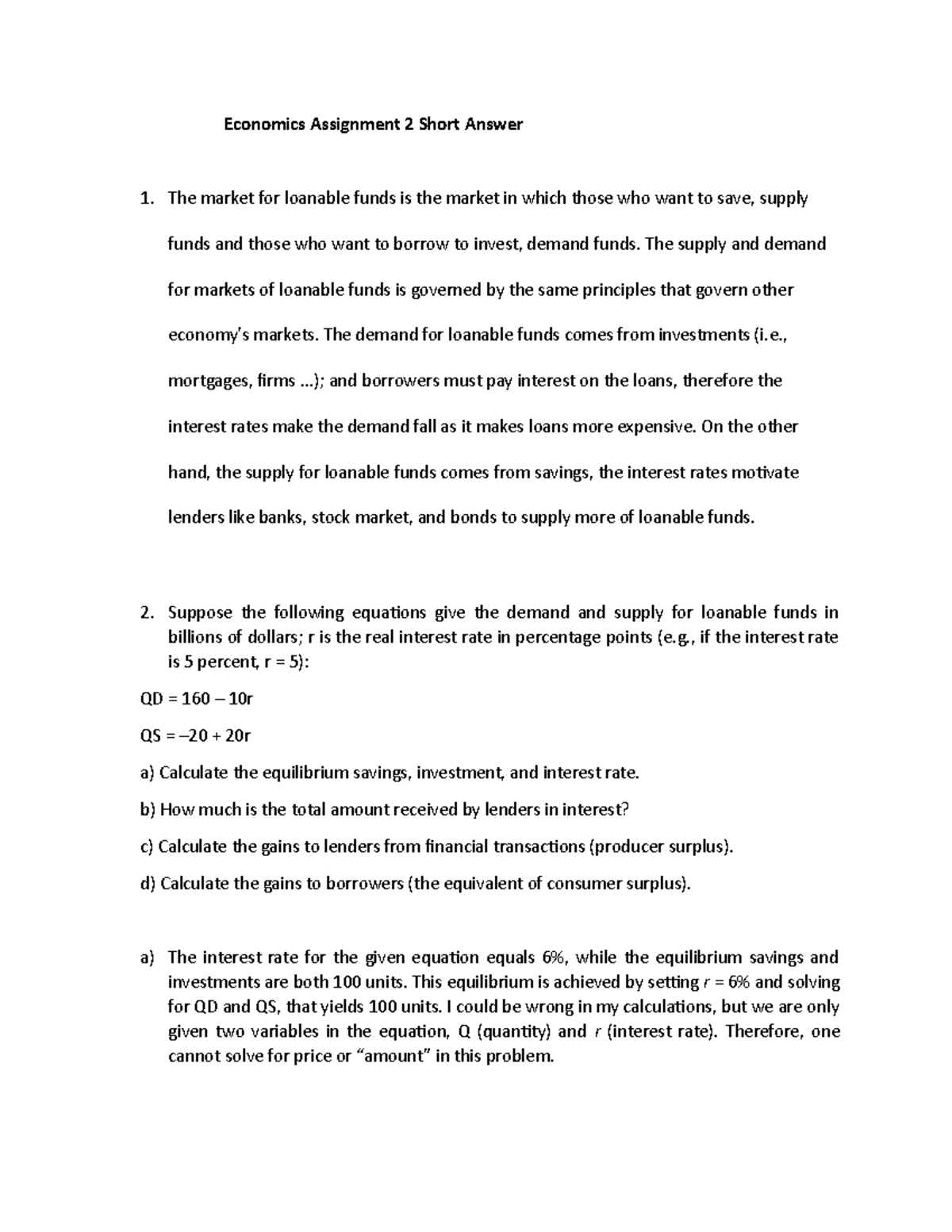 Economics Assignment 2 Short Answer - Economics Assignment 2 Short ...