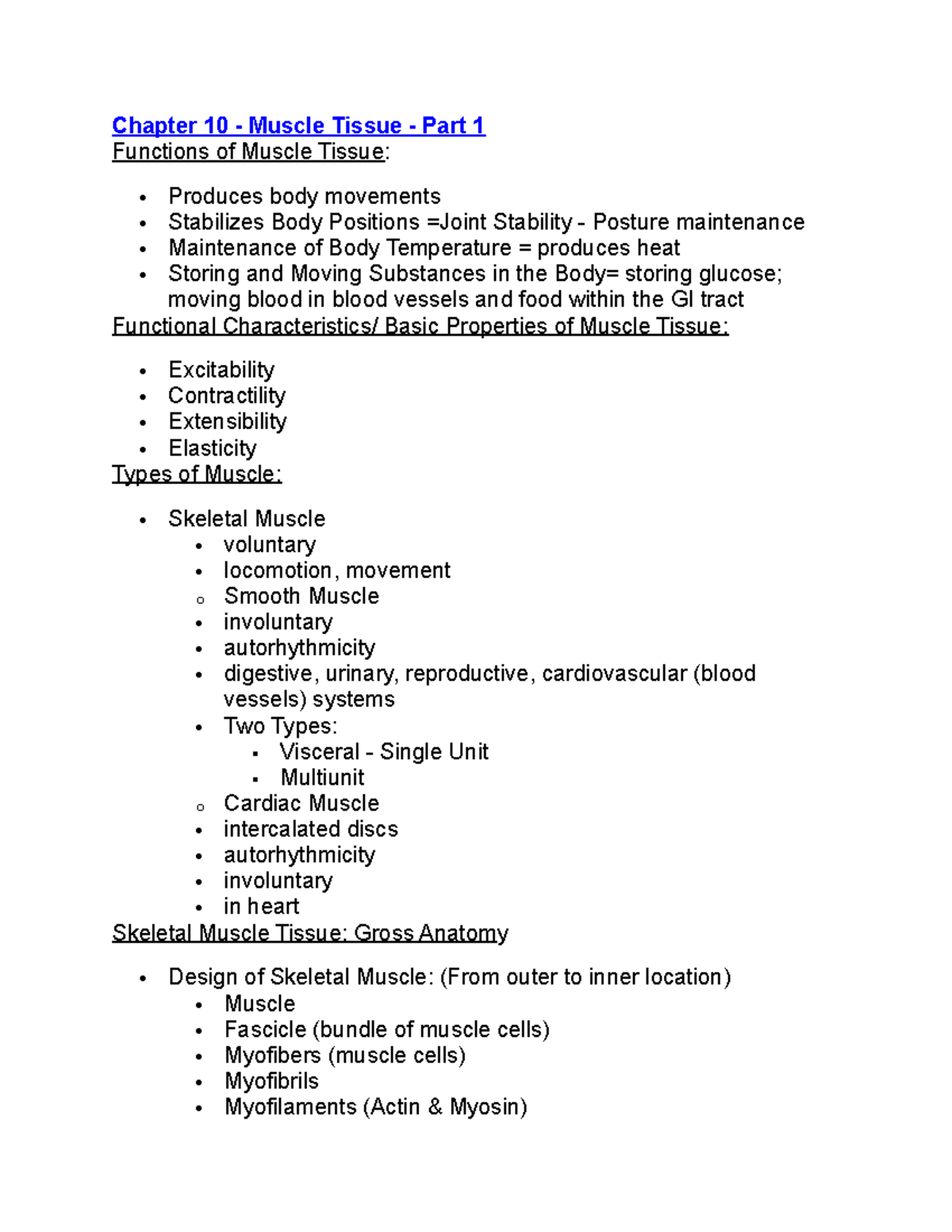 Chapter 10 - Helps With Going Over Content - Chapter 10 - Muscle Tissue ...