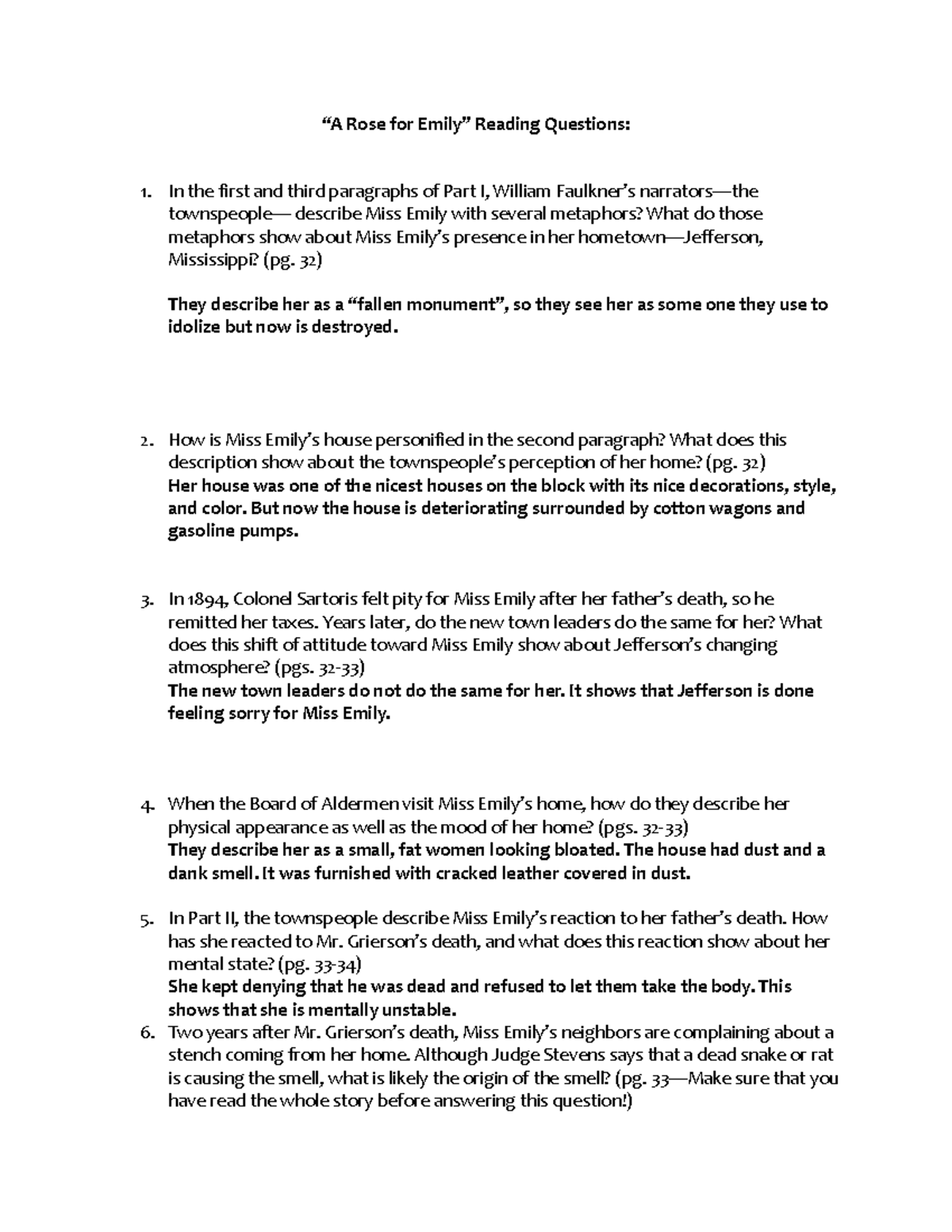 Claire Coulter ENG 1123 A Rose for Emily Short Story Reading Questions