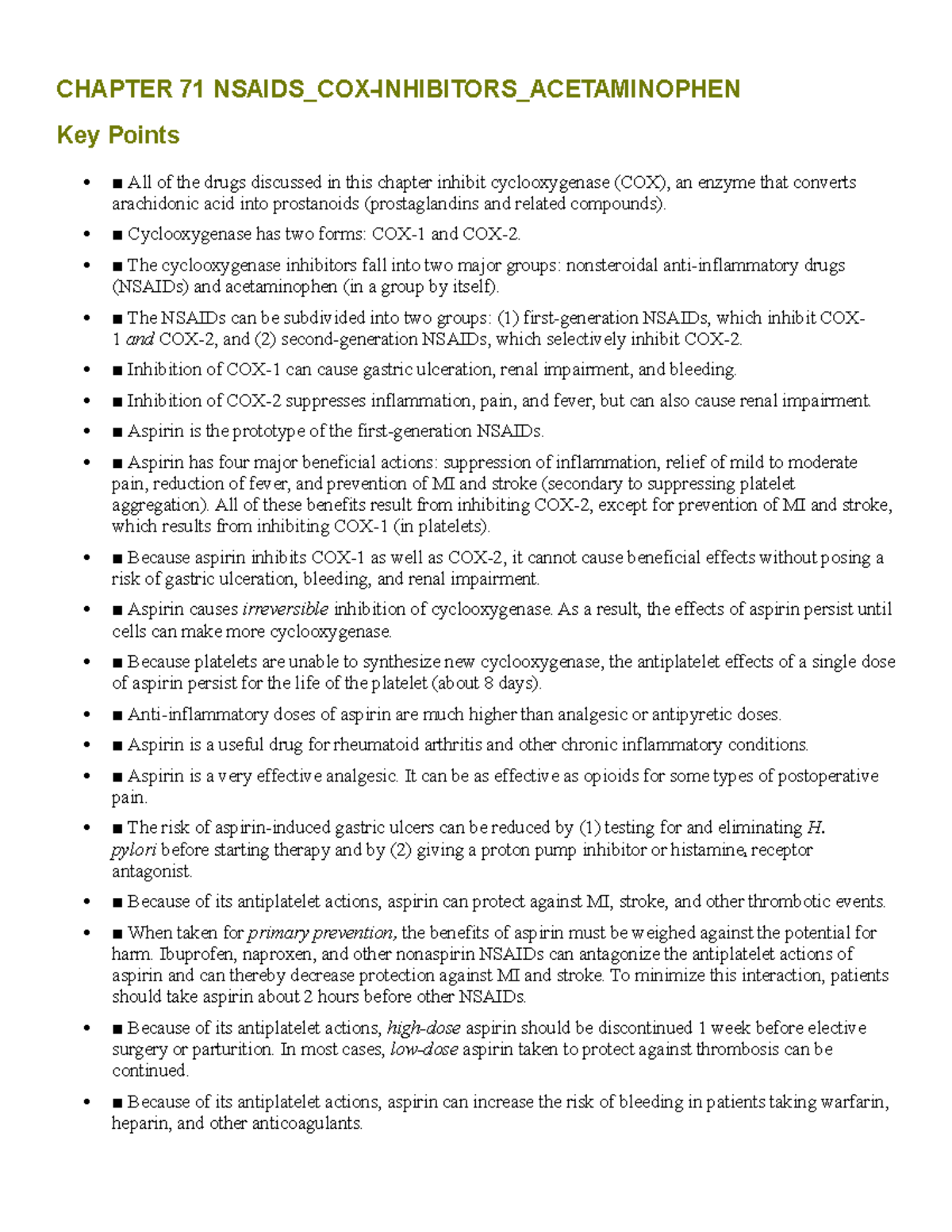 CH71 Nsaids KEY Points Nursing Implications CHAPTER 71 NSAIDS_COXINHIBITORS_ACETAMINOPHEN Key