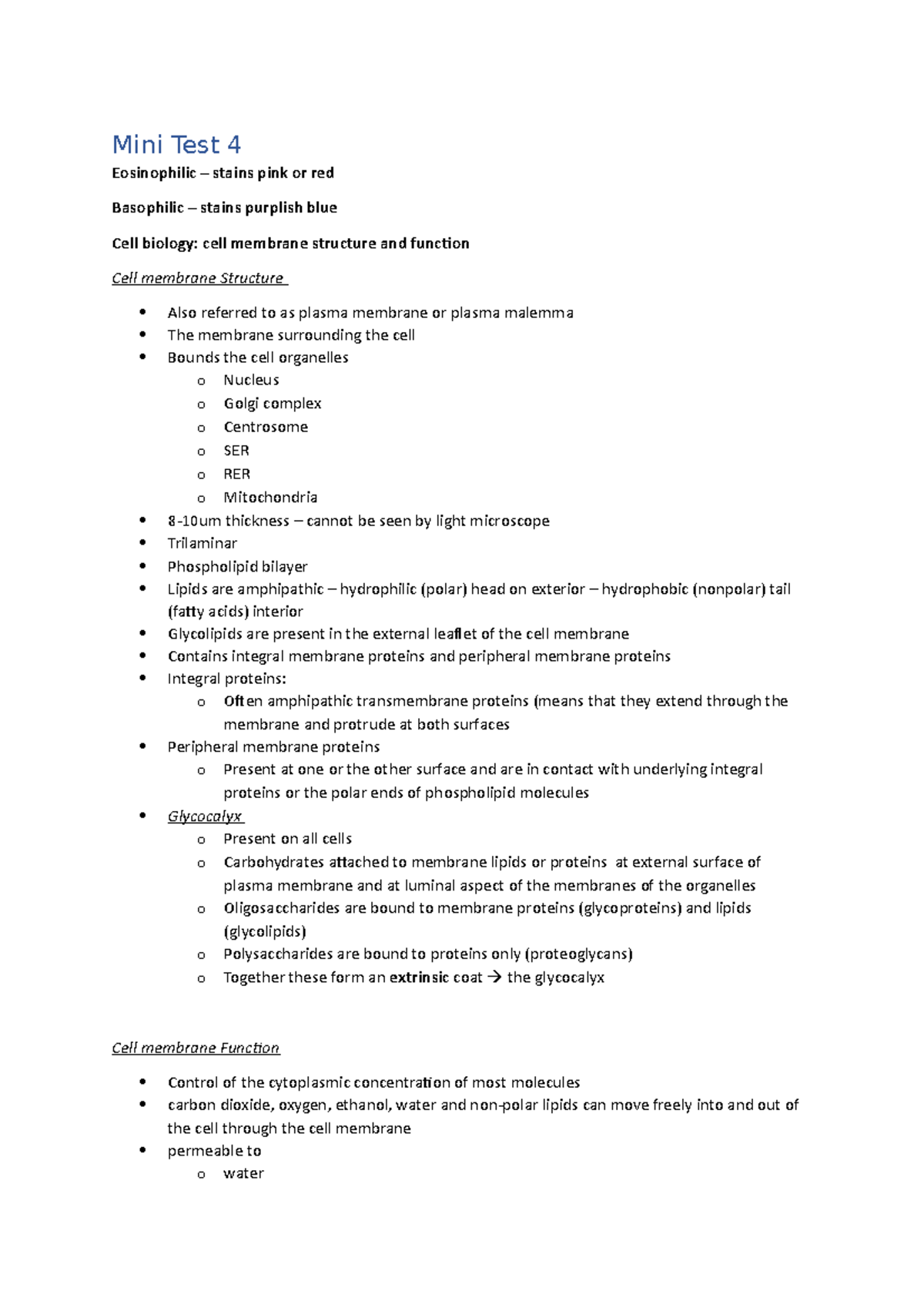 Mini Test 4 - weekly quiz notes - Mini Test 4 Eosinophilic – stains ...