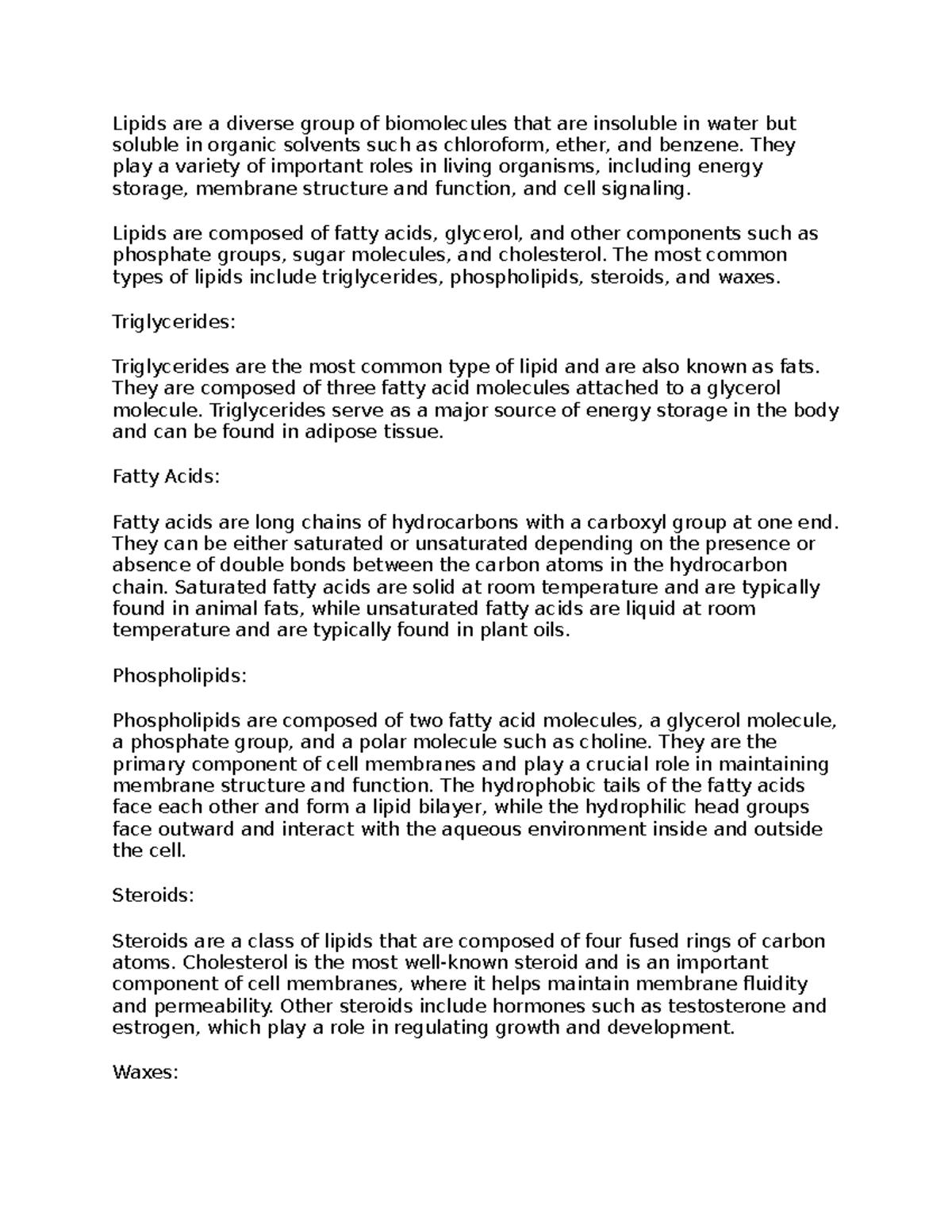 Lipids Lecture Summary Lipids are a diverse group of biomolecules