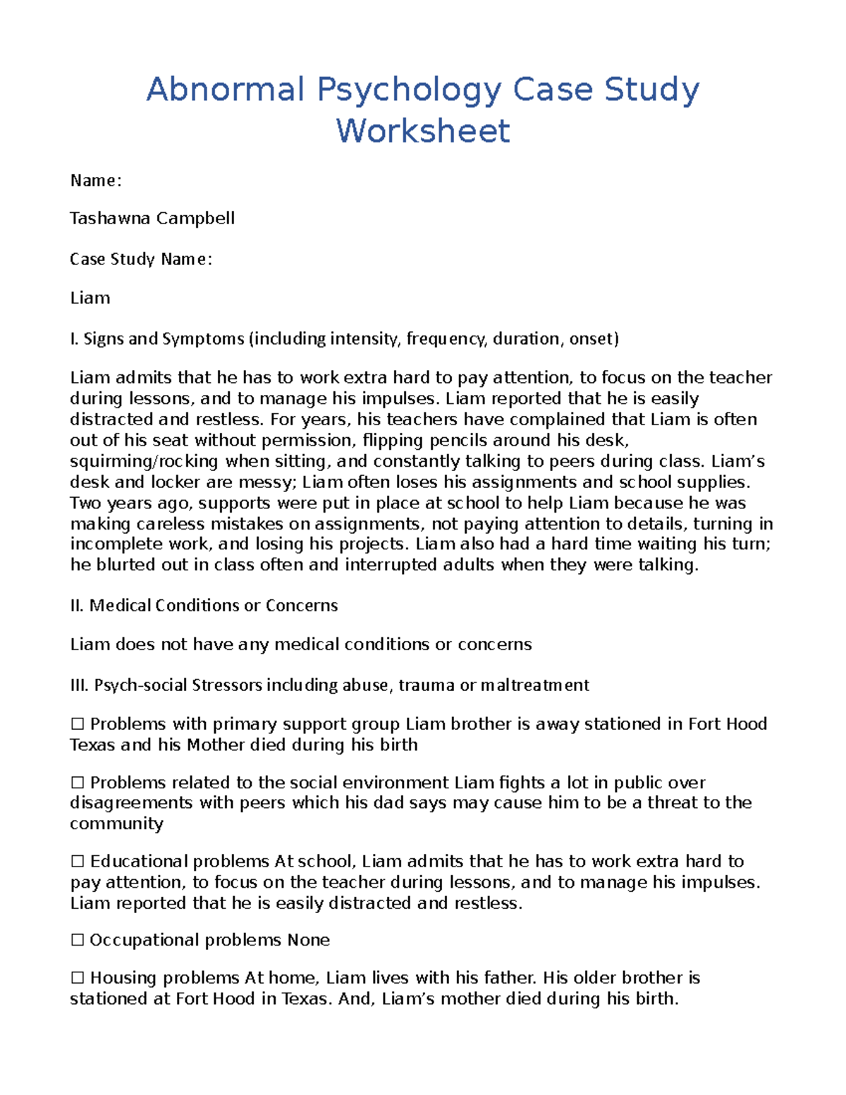 Liam Case Study - Abnormal Psychology Case Study Worksheet Name ...