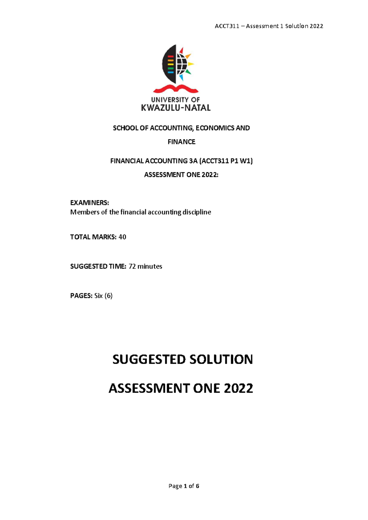 Assessment 1 - Solution - SCHOOL OF ACCOUNTING, ECONOMICS AND FINANCE ...