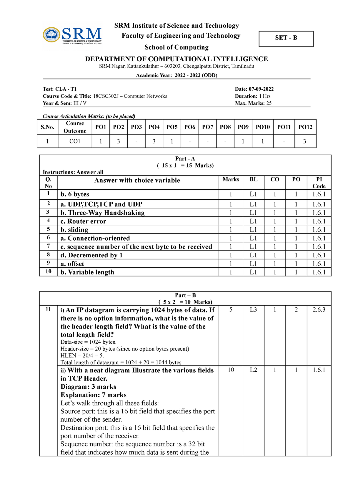 Answer Key SETB - J,b - SRM Institute Of Science And Technology Faculty ...