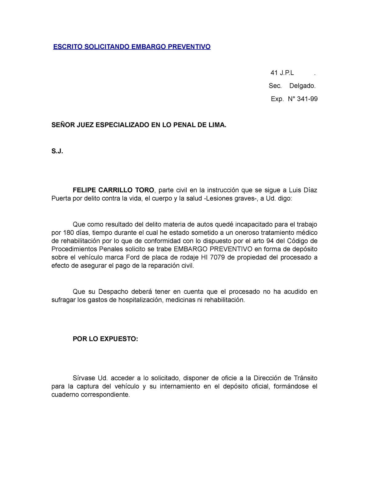 Formato Solicitud De Embargo Doc Procedural Law Crimi 8990