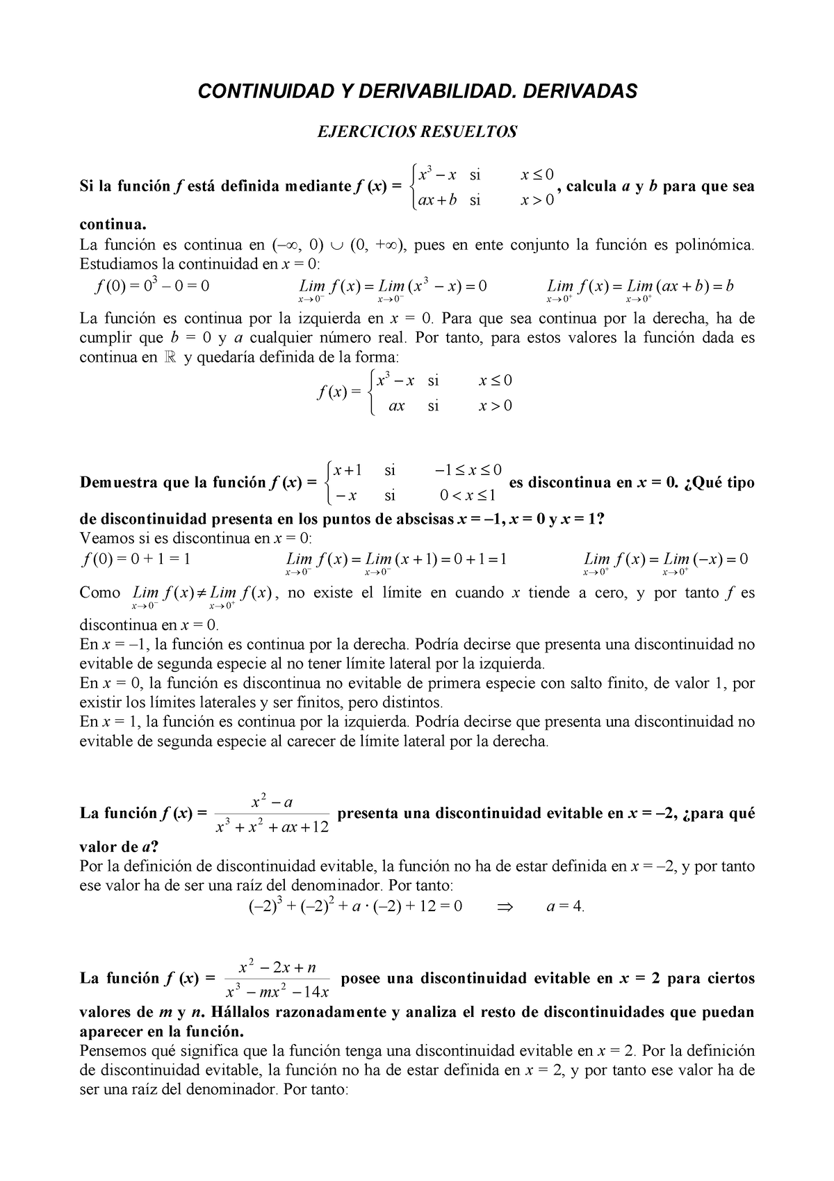 Repaso Continuidad Y Derivabilidad - CONTINUIDAD Y DERIVABILIDAD ...